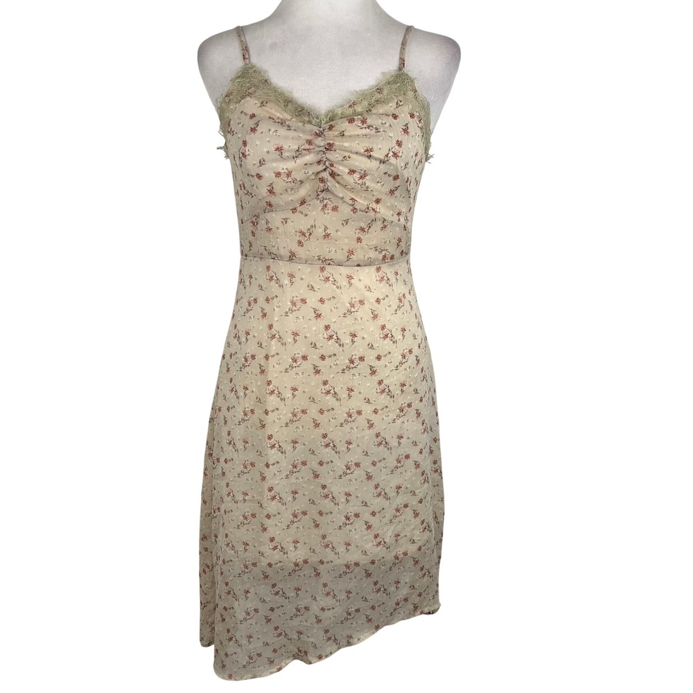 Lace Trim Babydoll Princess Midi Dress Medium Cream Pink Semisheer Romantic
